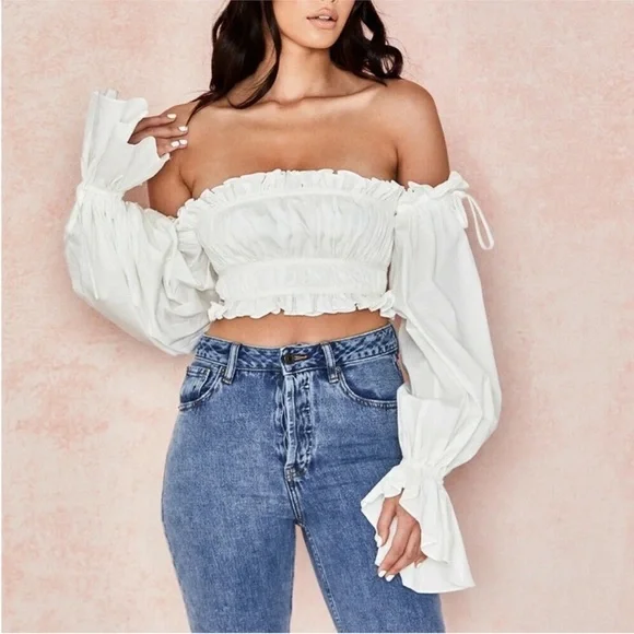 NWOT House of CB Tula Ruched Off‎ Shoulder Top White Small